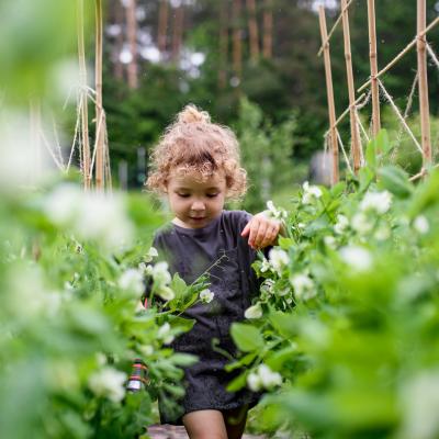 Girl walking in the vegetable garden